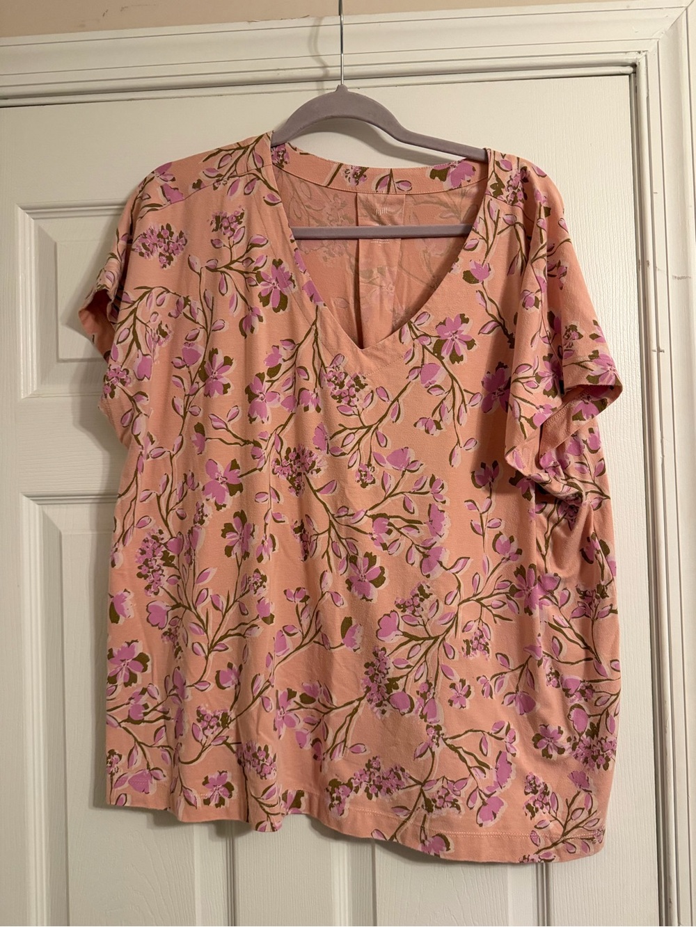 J. Jill Peach Floral V-Neck Short Sleeve Tee
